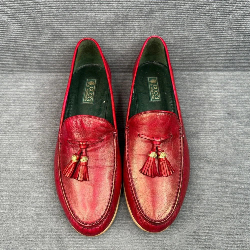 Gucci Vintage Red Leather Tassel Loafers 43.5 D Made in Italy 110 0030